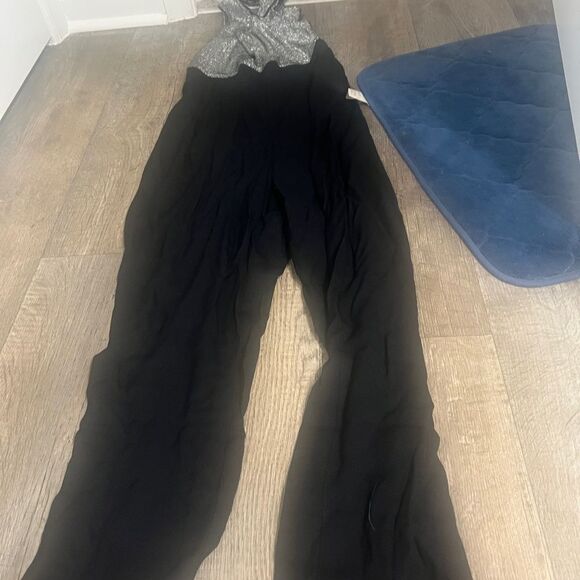 Vintage 80s sleeveless black wide leg metallic ailver jumpsuit size 4 - Picture 7 of 12